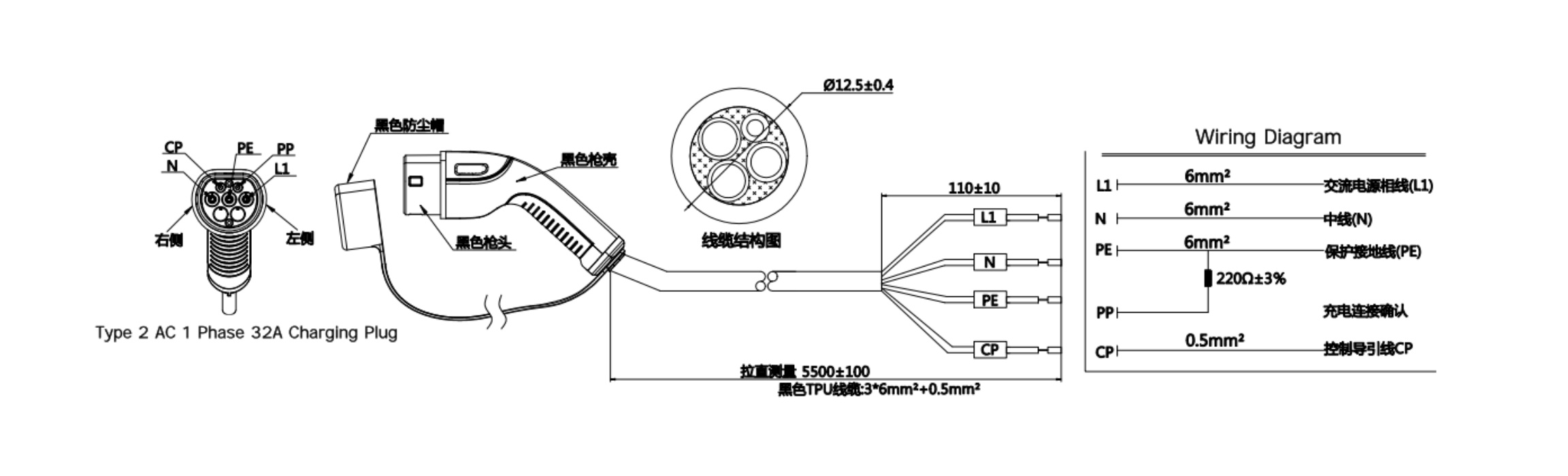 S2 Type 2 IEC AC 1 Phase 3 Phases 16A32A Charging Plug-Wiring Diagram 1