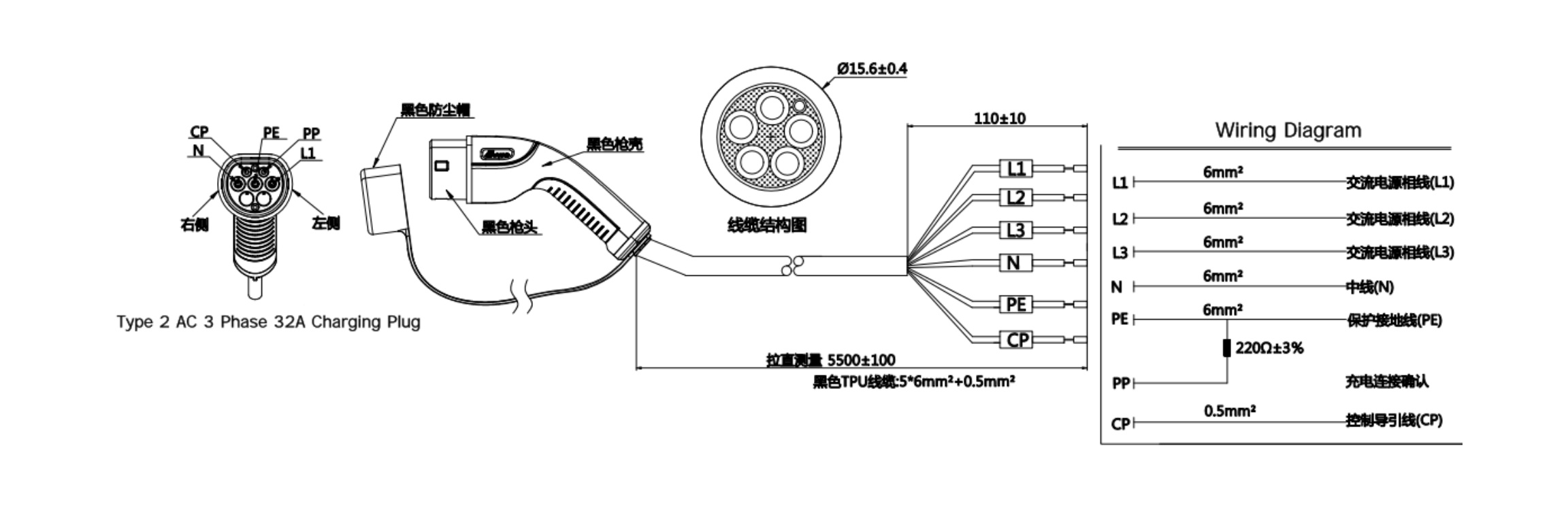 S2 Type 2 IEC AC 1 Phase 3 Phases 16A32A Charging Plug-Wiring Diagram 2