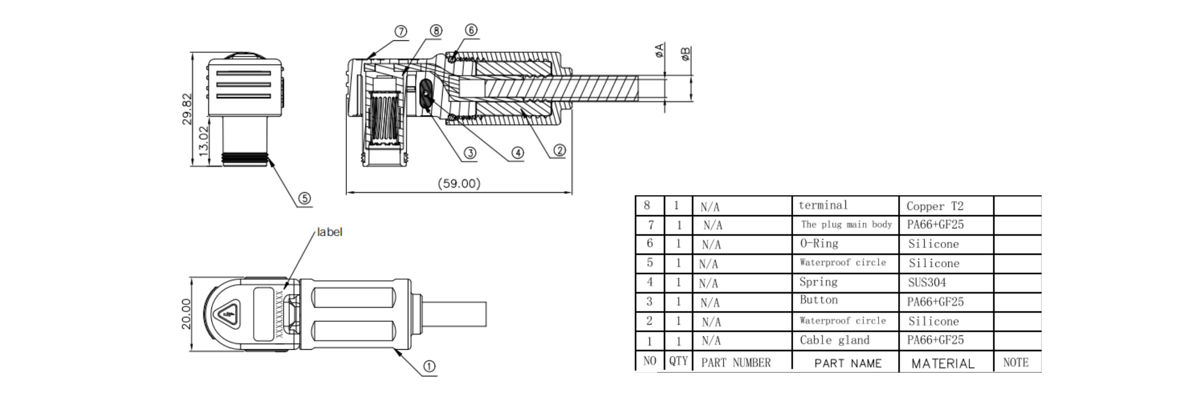 S3P 1 Pin 63A 80A 120A Plastic Plug-Overall Dimensions