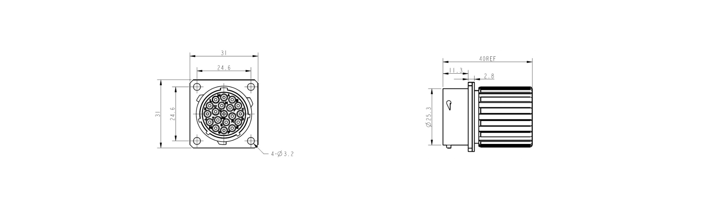 W1M 19 Pin 13A Metal Receptacle-Receptacle With Backshell-Overall Dimensions