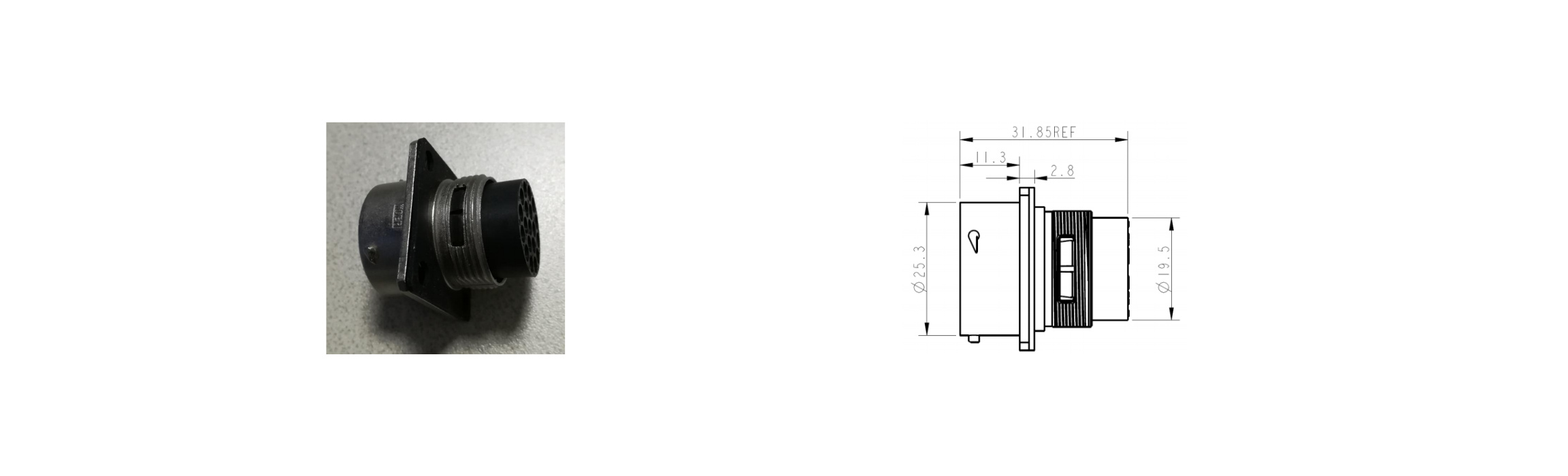 W1M 19 Pin 13A Metal Receptacle-Receptacle Without Backshell-Overall Dimensions And Installation Dimensions