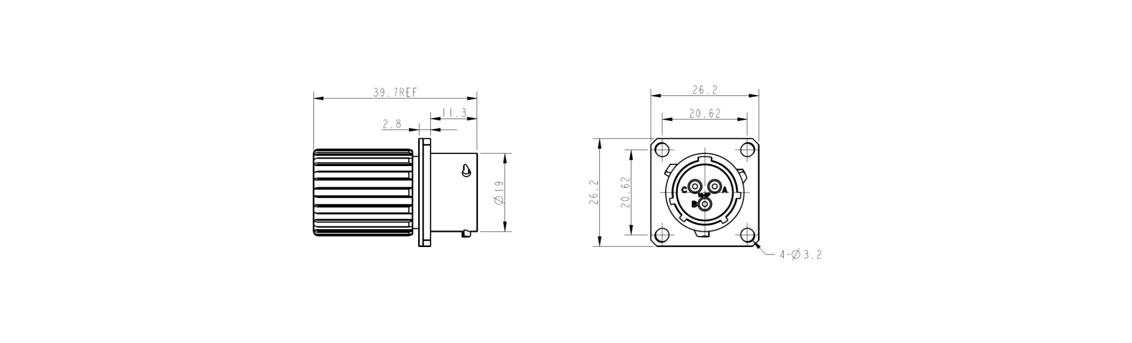 W1M 3 Pin 13A Metal Receptacle-Receptacle With Backshell-Overall Dimensions