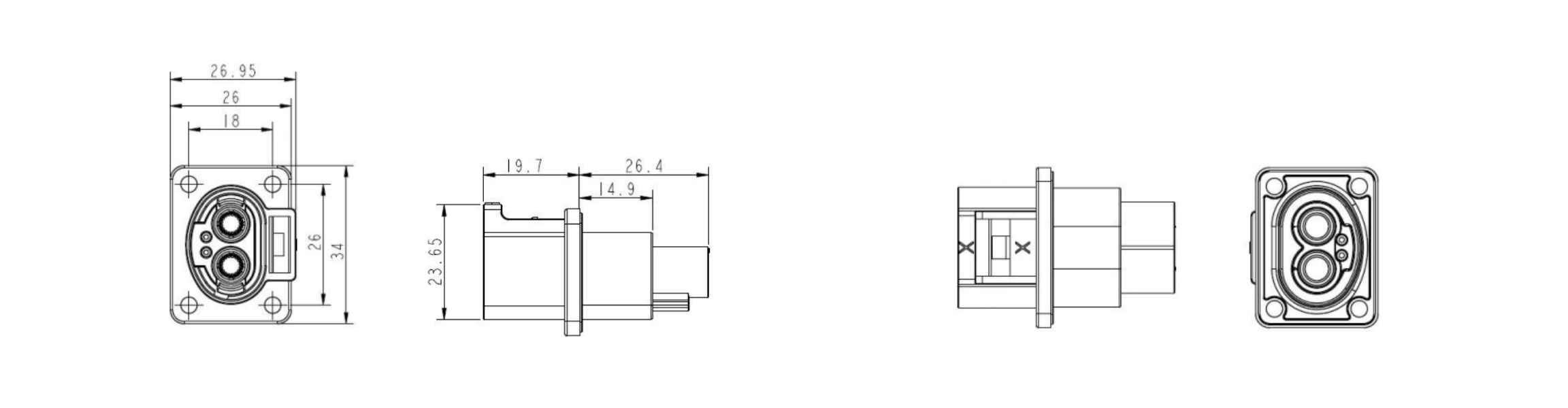 W1M 2 Pin 20A 25A 40A 60A Metal Receptacle-Overall Dimensions