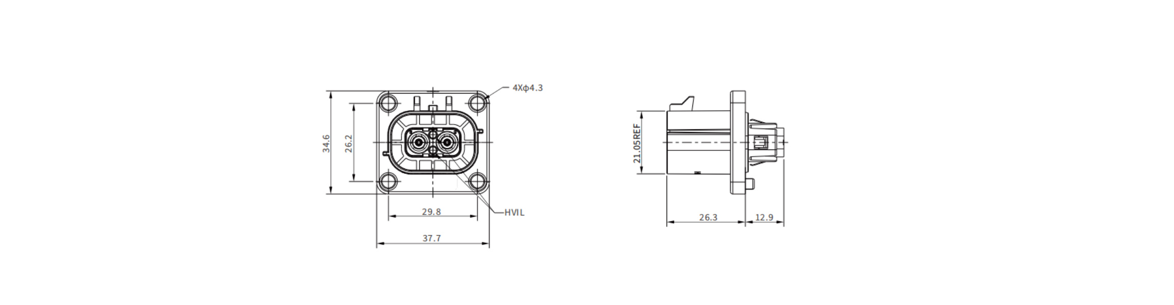 W1P 2 Pin 20A 25A 40A Plastic Receptacle-Overall Dimensions