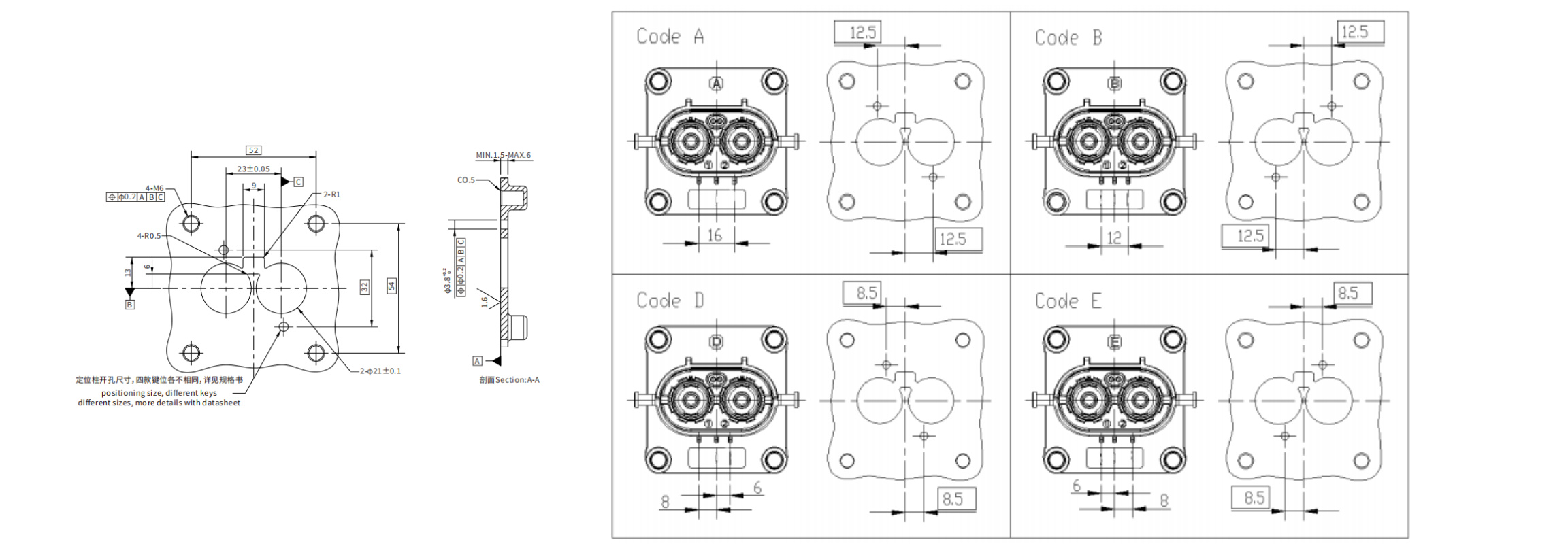 W1P 2 Pin 80A 120A 150A 200A Plastic Receptacle-Installation Dimensions