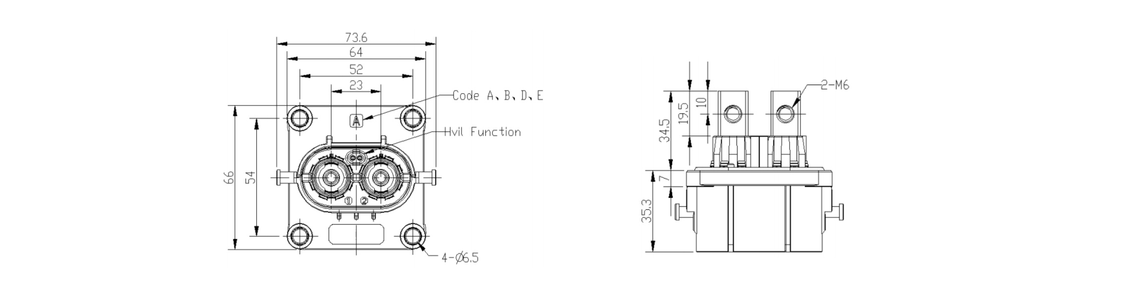 W1P 2 Pin 80A 120A 150A 200A Plastic Receptacle-Overall Dimensions