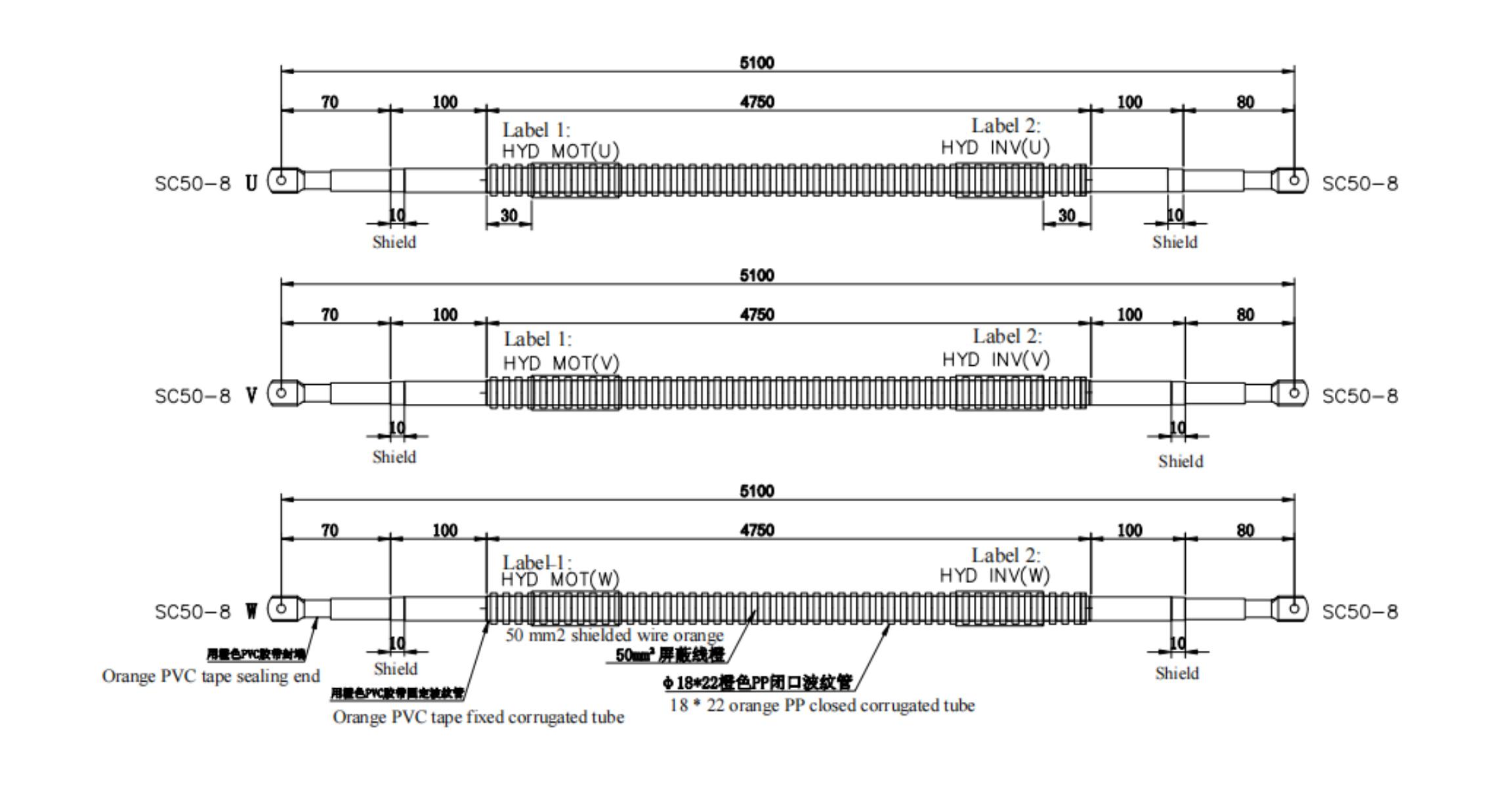 Motor Phase Harness -From MCU to Motor 50sq 5.1m-Drawing
