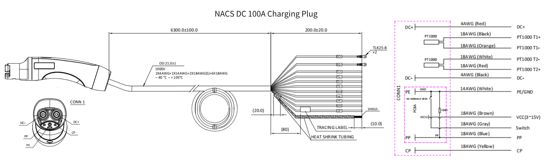 X2 NACS SAE DC 100A Charging Plug-Appearance and Wiring Diagram