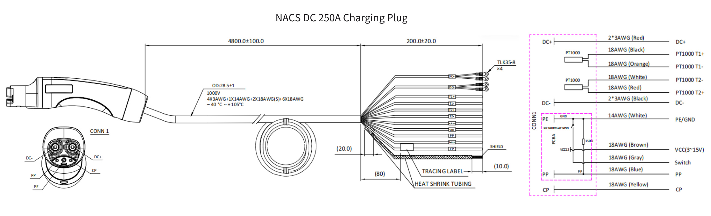 X2 NACS SAE DC 250A Charging Plug-Appearance and Wiring Diagram