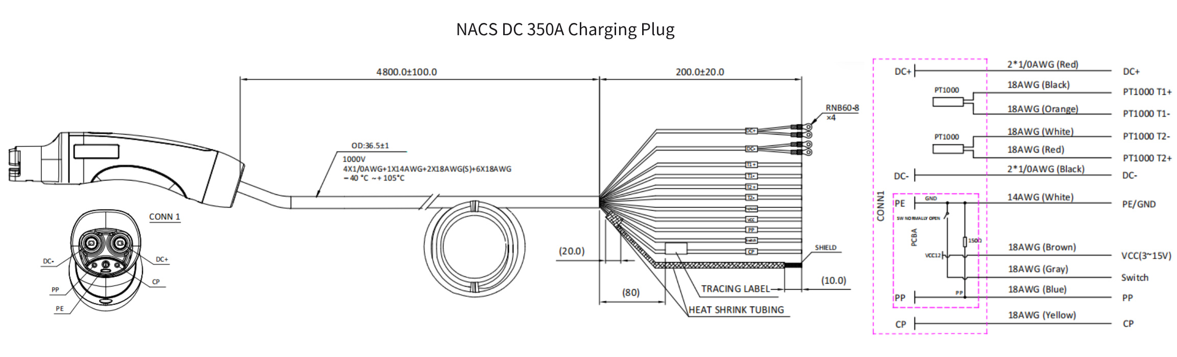 X2 NACS SAE DC 350A Charging Plug-Appearance and Wiring Diagram